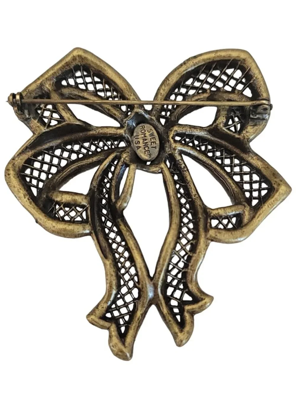 Sweet Romance Bronze Tone Purple Rhinestone Bow Brooch, Signed K354